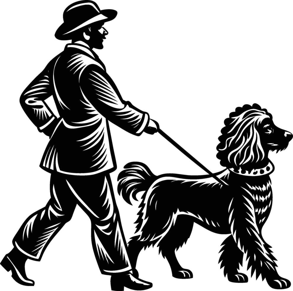 A man walking his dog in a hat and suit vector