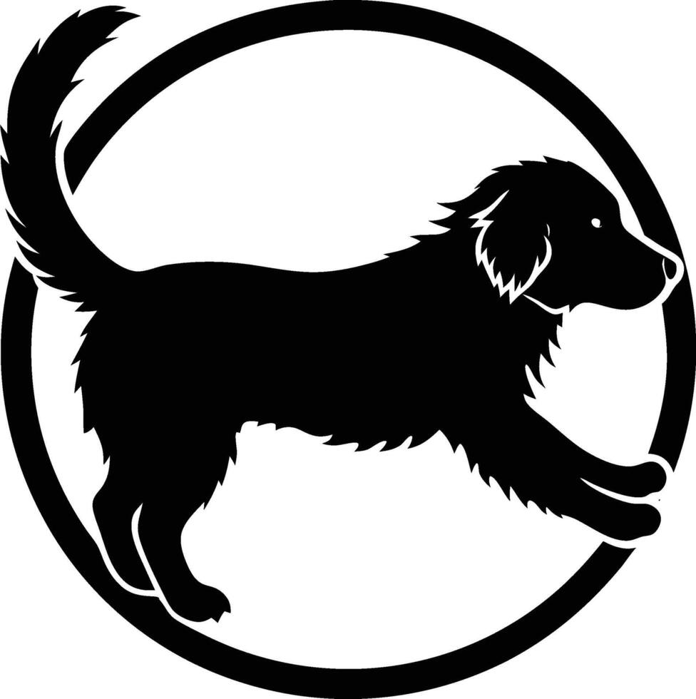 A black and white silhouette of a dog in a circle vector