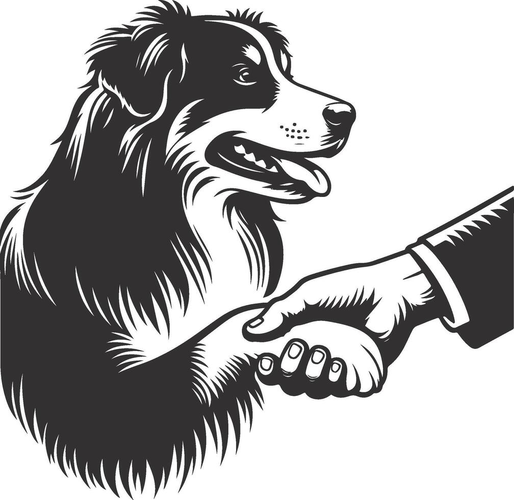 A black and white illustration of a dog shaking hands with a man vector