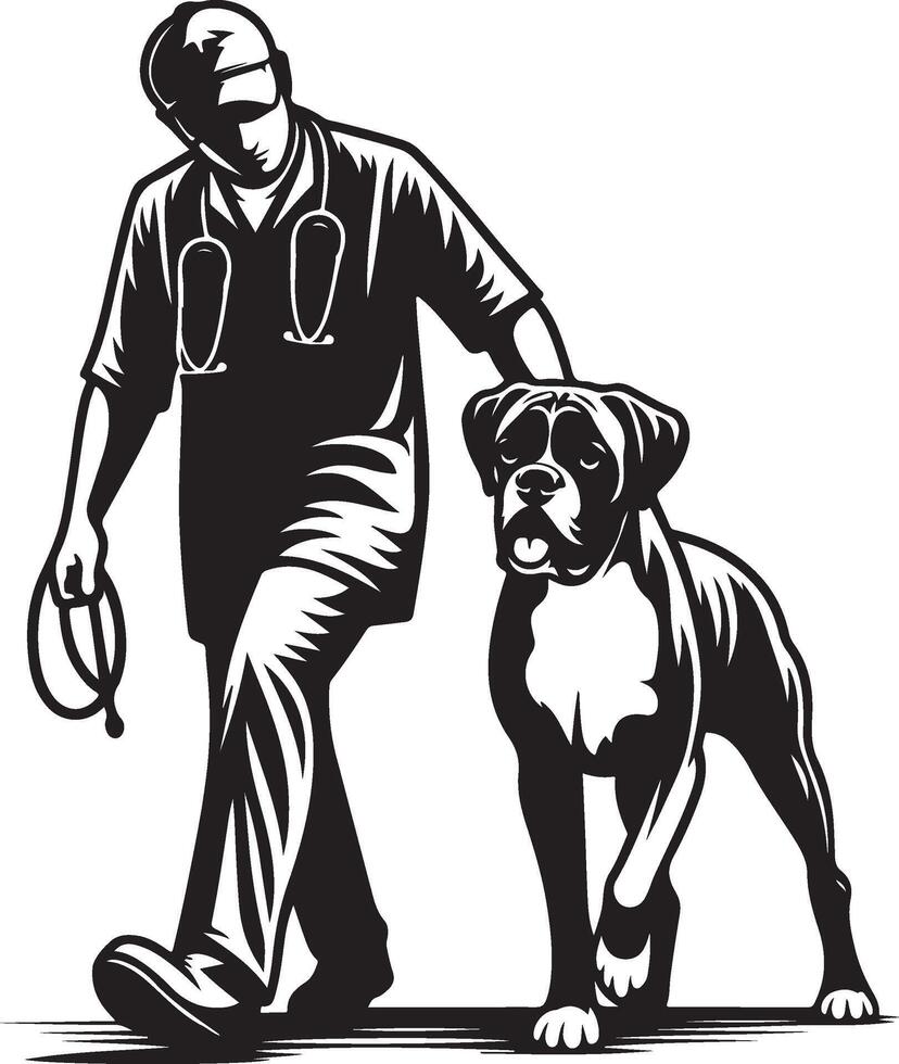 Veterinarian with boxer dog illustration vector