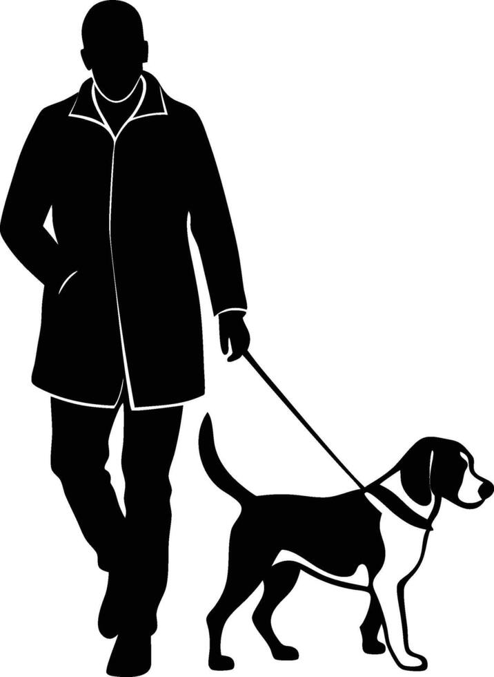 Silhouette of man walking dog with beagle vector