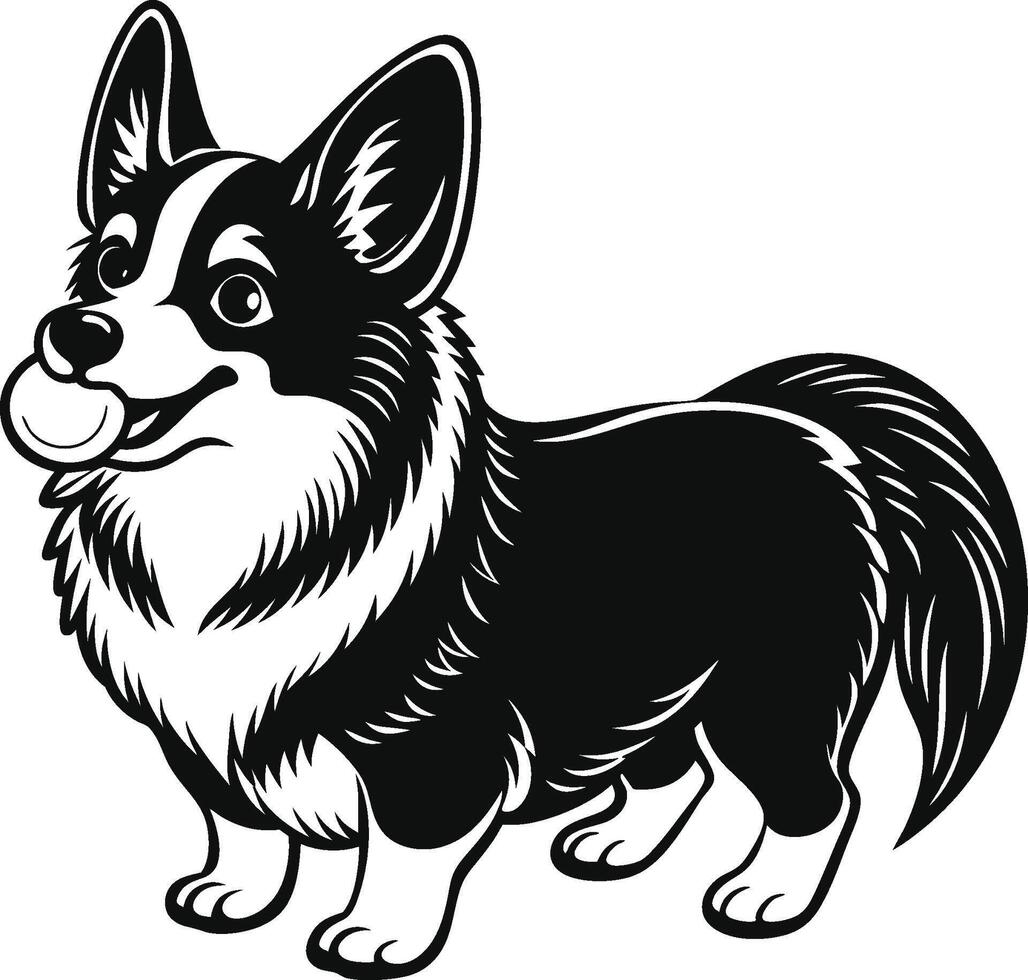 A black and white dog with a ball in its mouth vector