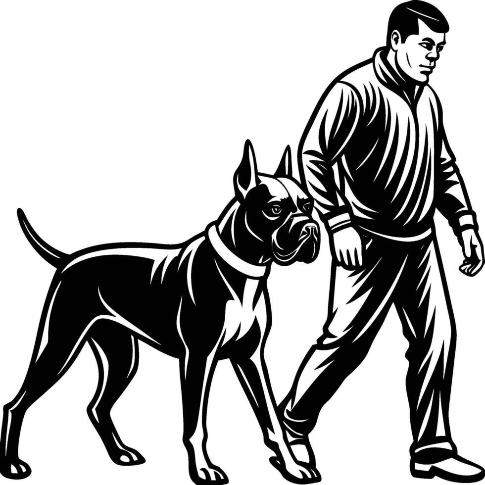 A man walking his dog with a boxer dog vector