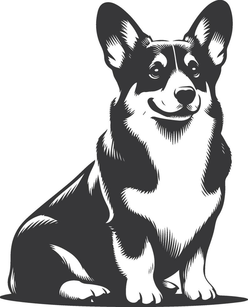 A black and white drawing of a corgi dog vector