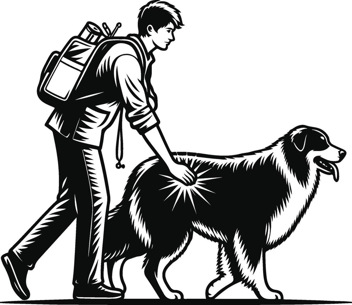 A man walking his dog with a backpack vector