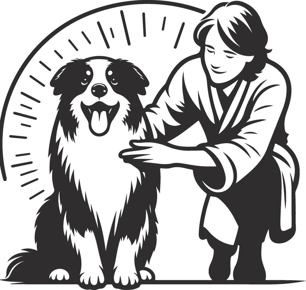 A woman petting a dog with a clock vector