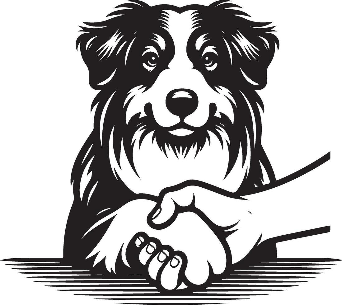 A black and white drawing of a dog and a hand shaking vector