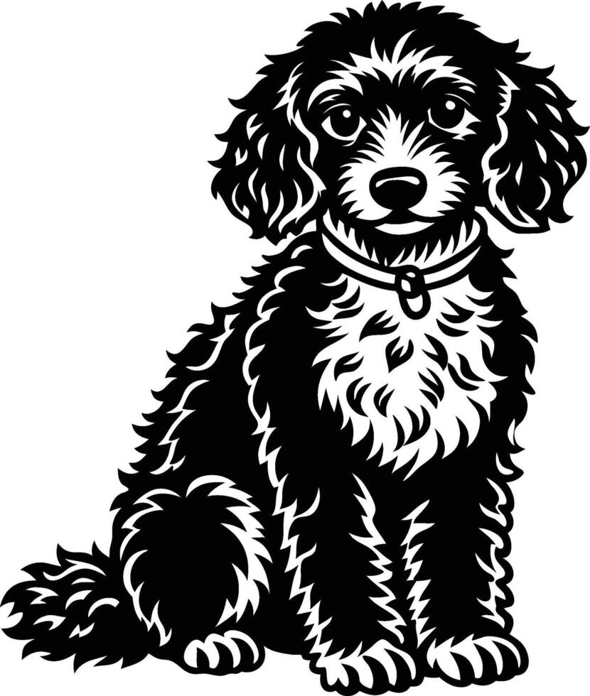 A black and white dog sitting on a white background vector