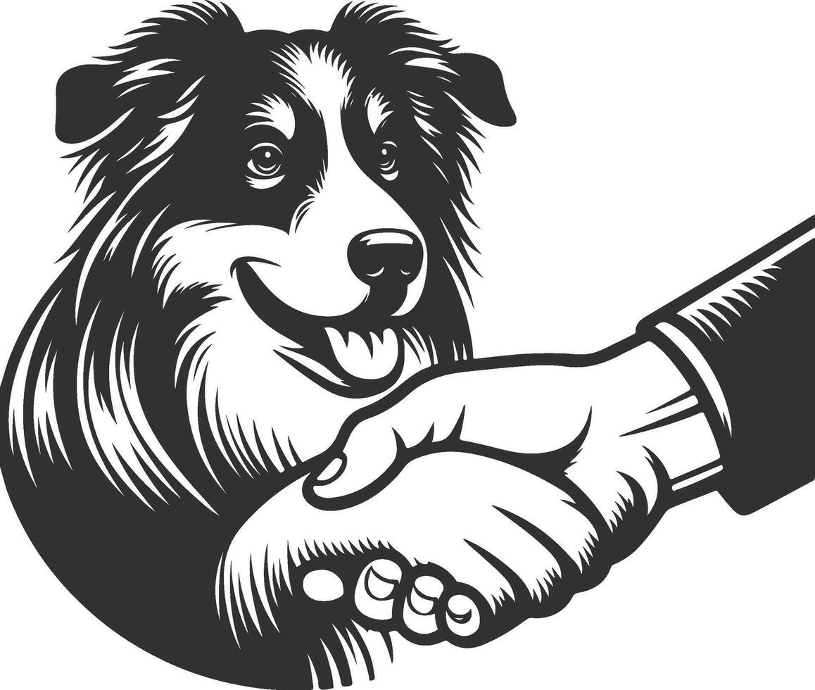 A black and white illustration of a dog shaking hands with a man vector