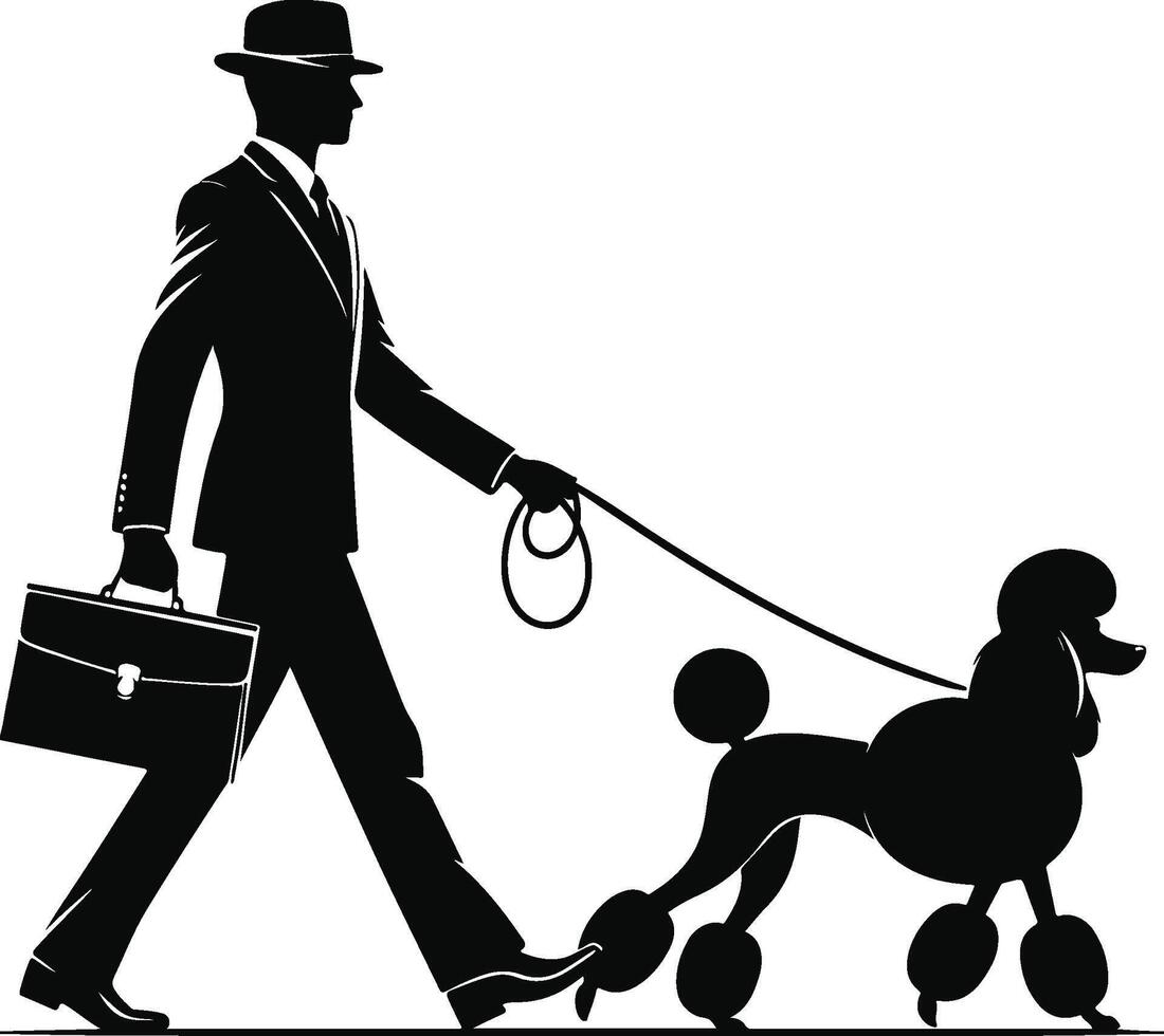 Silhouette of a man walking a poodle with a briefcase vector