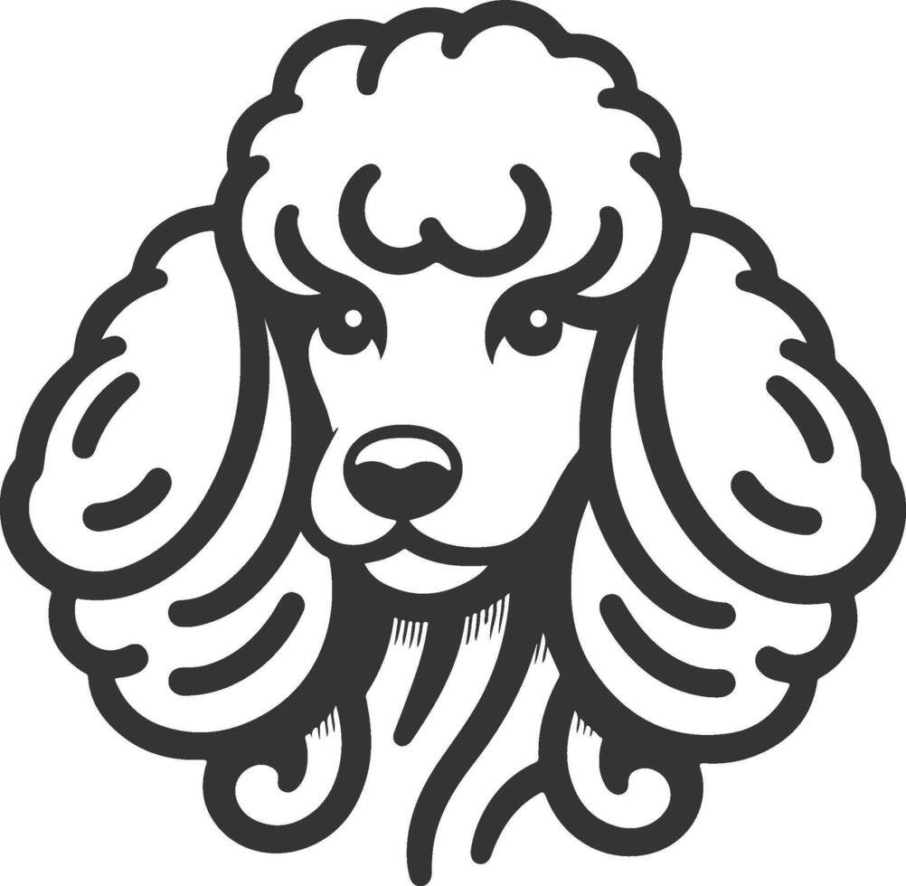 A poodle dog head is shown in a black and white drawing vector