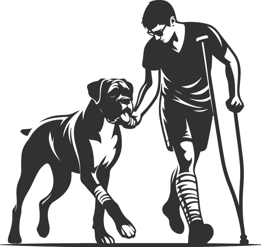 A man with crutches and a dog walking together vector