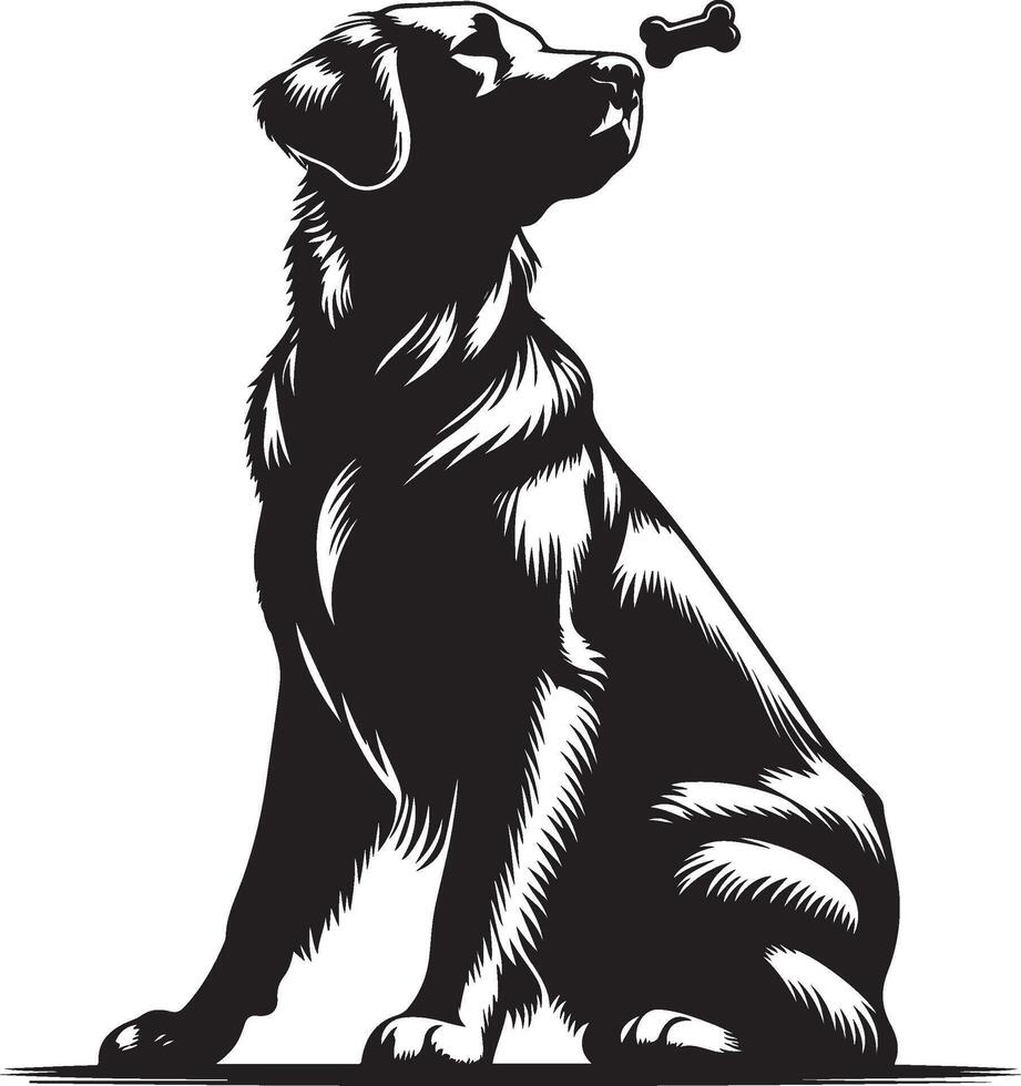 Black and white dog silhouette with bone in its mouth vector