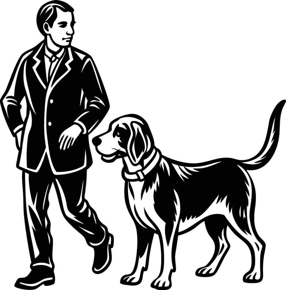 A man in a suit and tie walking with a dog vector