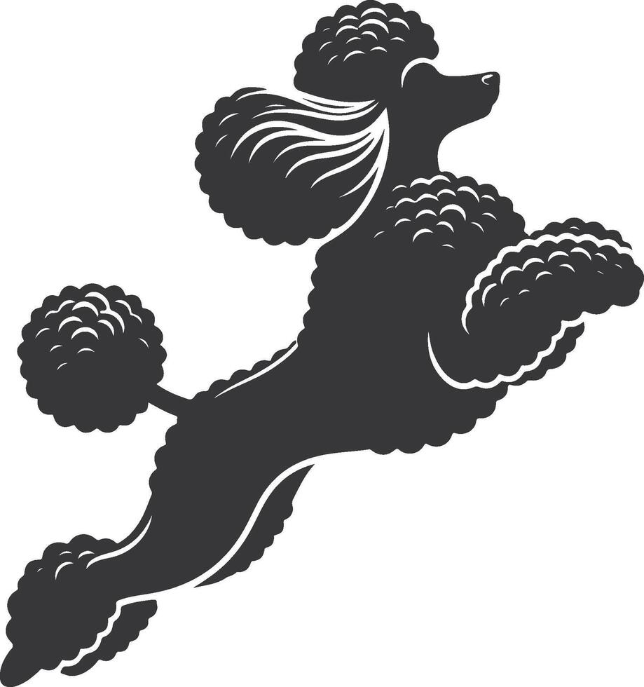 A black and white silhouette of a poodle jumping vector