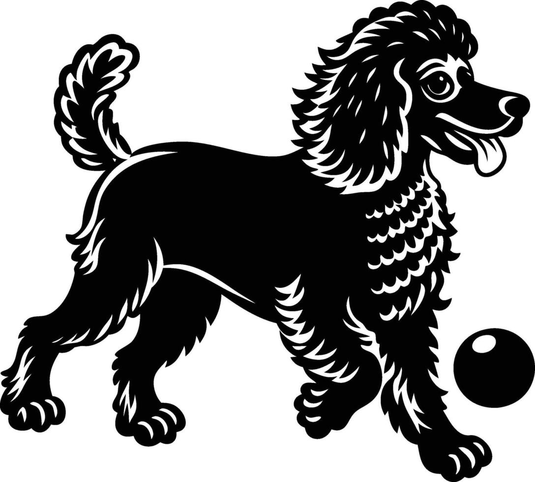 A black and white silhouette of a poodle with a ball vector