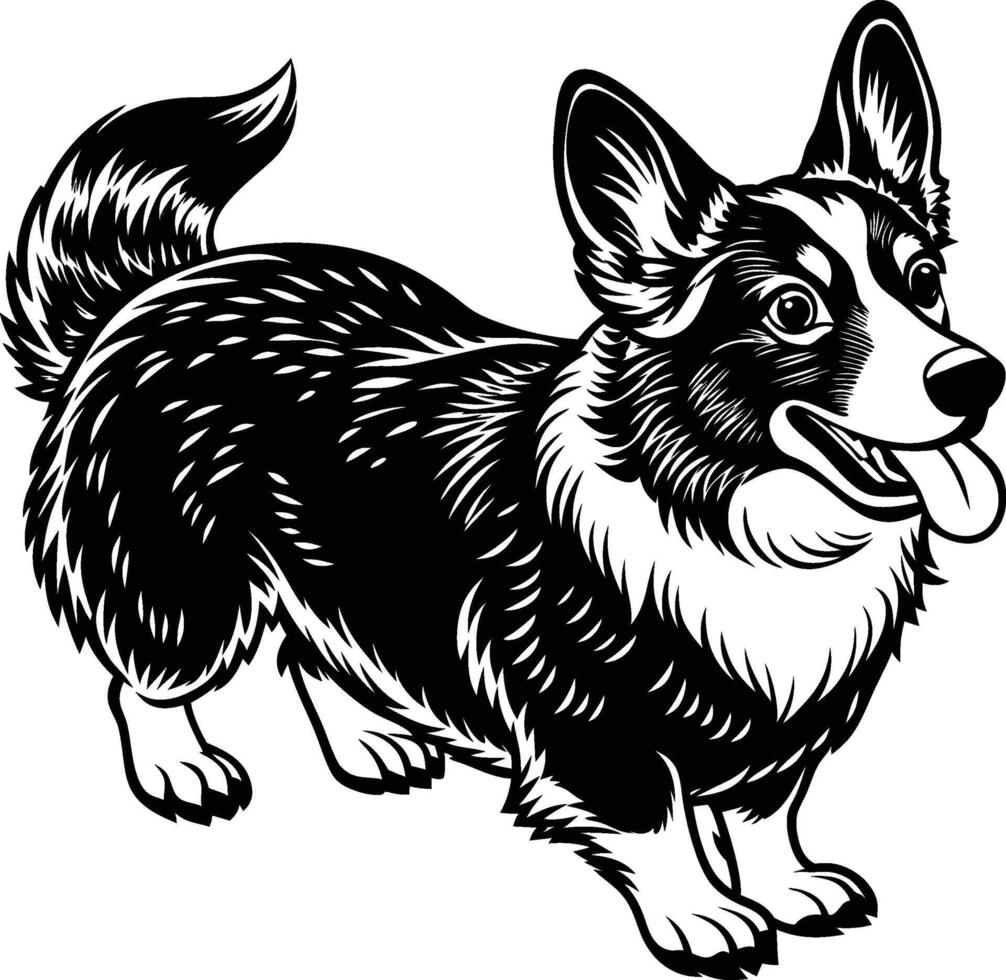 A black and white drawing of a corgi dog vector