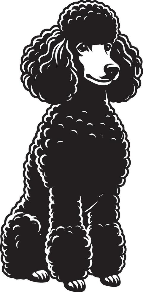 A black poodle dog sitting down with its head down vector