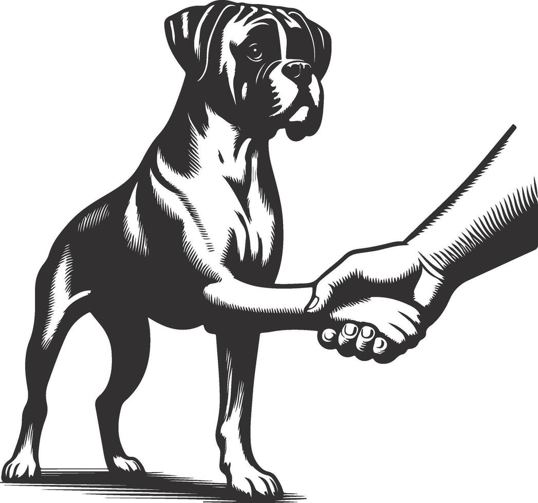 A black and white drawing of a dog shaking hands with a hand vector