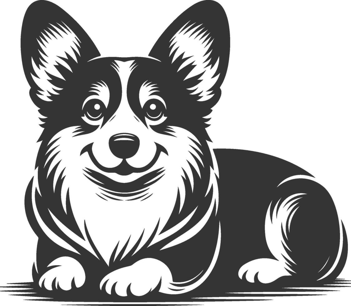 A black and white illustration of a corgi dog vector