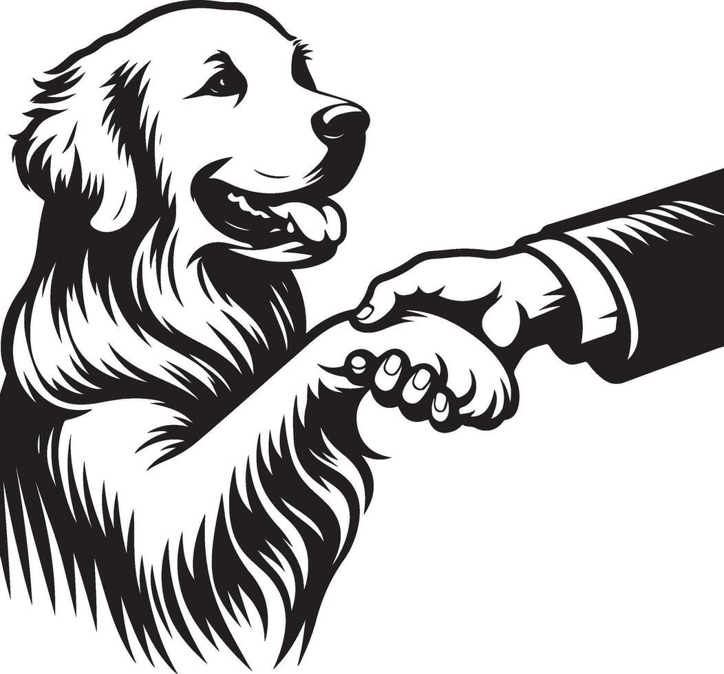 A black and white illustration of a dog shaking hands with a man vector