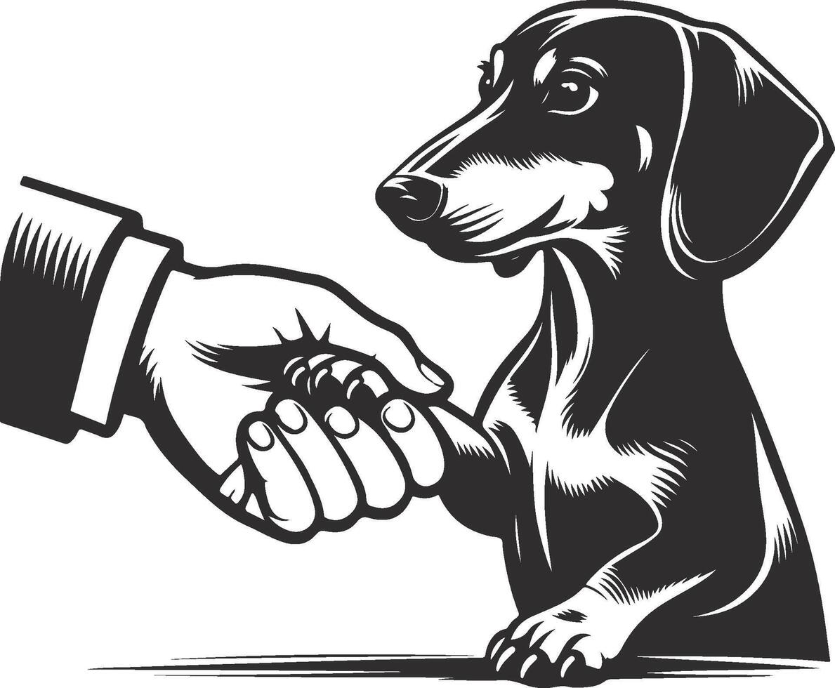 A black and white illustration of a dog shaking hands with a man vector