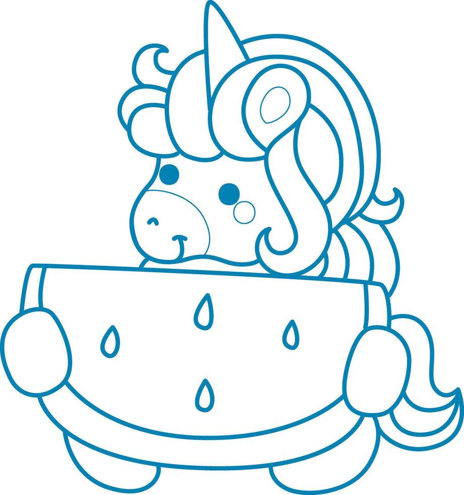Printable outline Unicorn templates for coloring children's book. Unicorn bring a big watermelon vector
