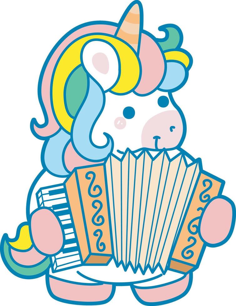 Illustration of cute unicorn activities icon. Funny rainbow unicorn daily routine stickers. Unicorn playing an accordion vector