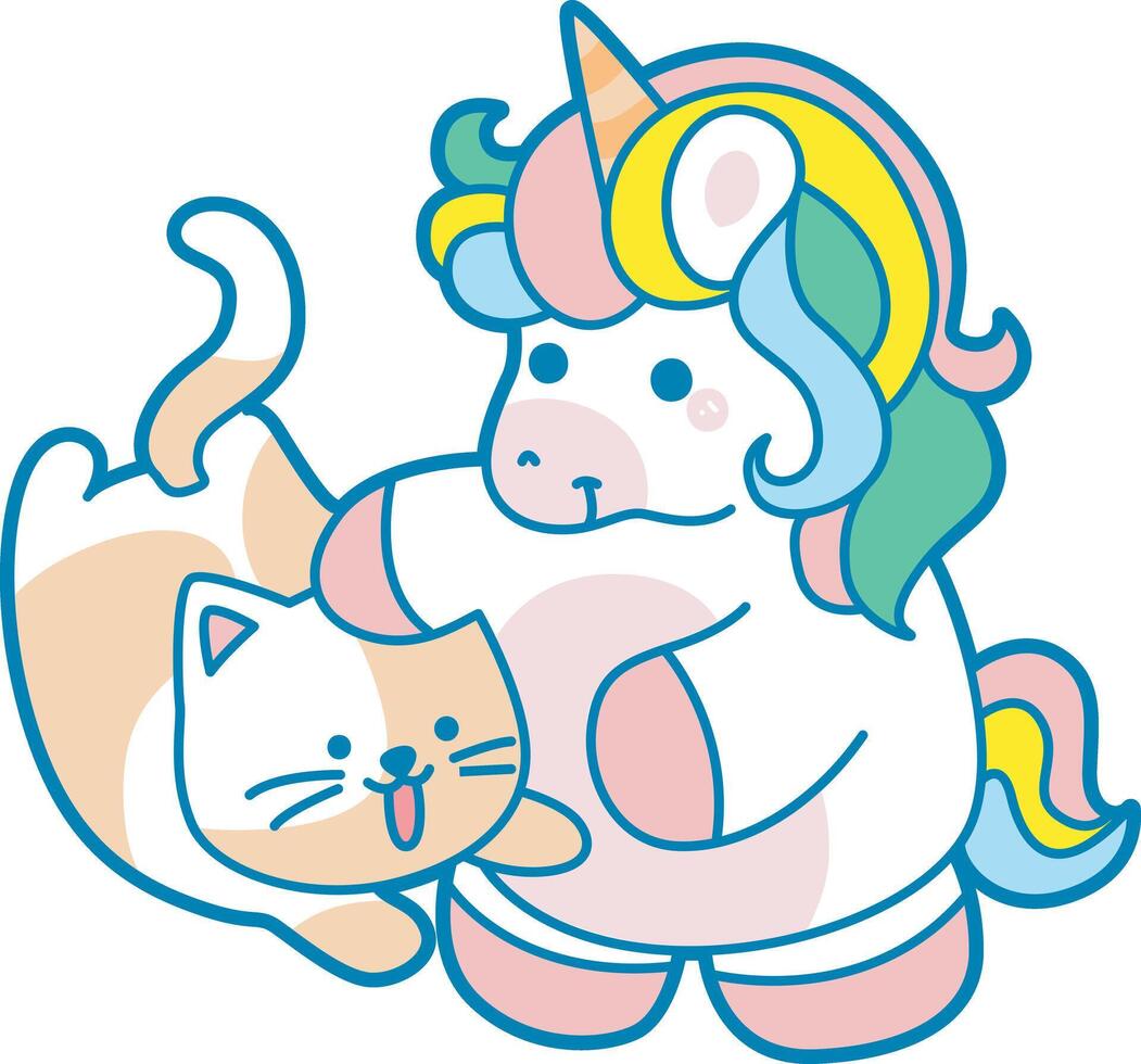 Illustration of cute unicorn activities icon. Funny rainbow unicorn daily routine stickers. Unicorn with kitten vector