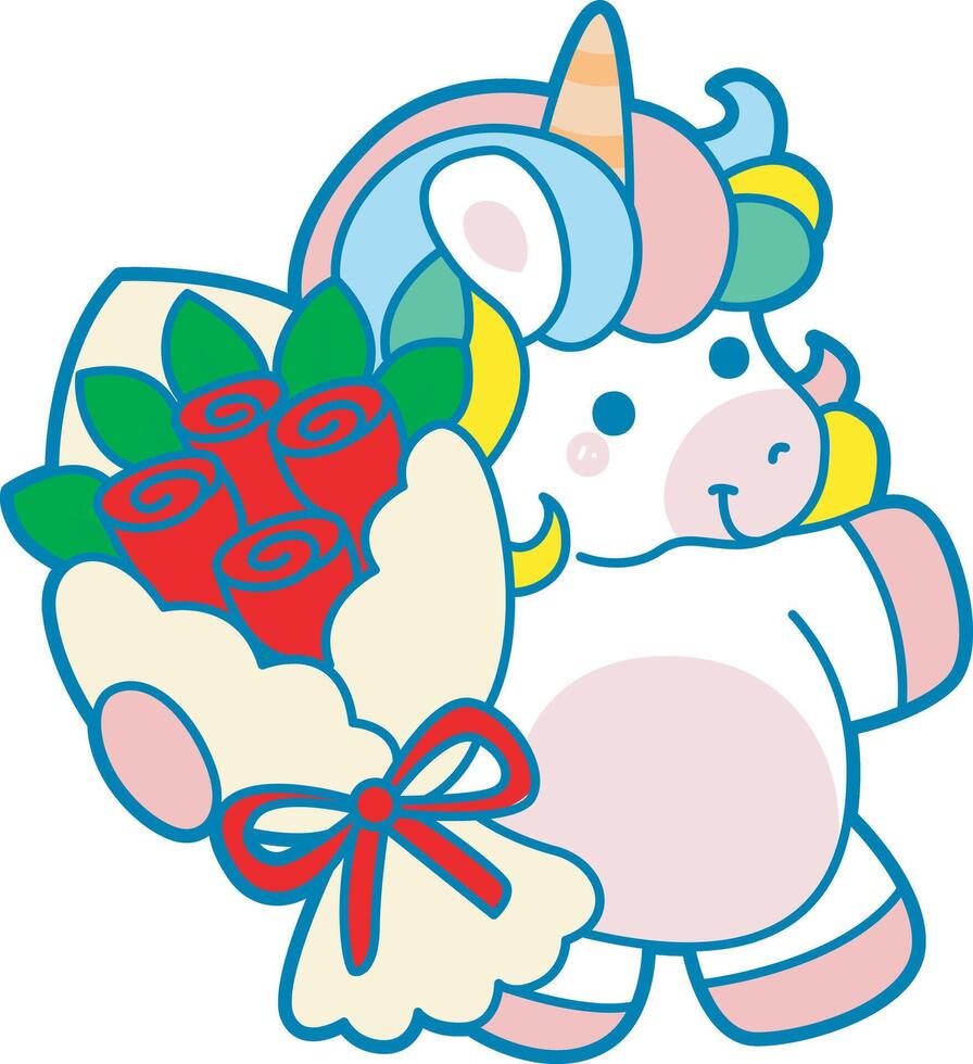 Illustration of cute unicorn activities icon. Funny rainbow unicorn daily routine stickers. Unicorn bring a bouquet of rose vector