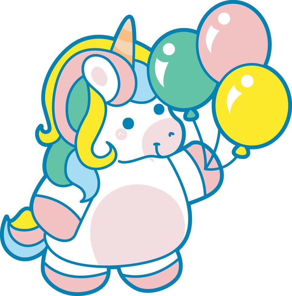 Illustration of cute unicorn activities icon. Funny rainbow unicorn daily routine stickers. Unicorn bring a three balloons vector