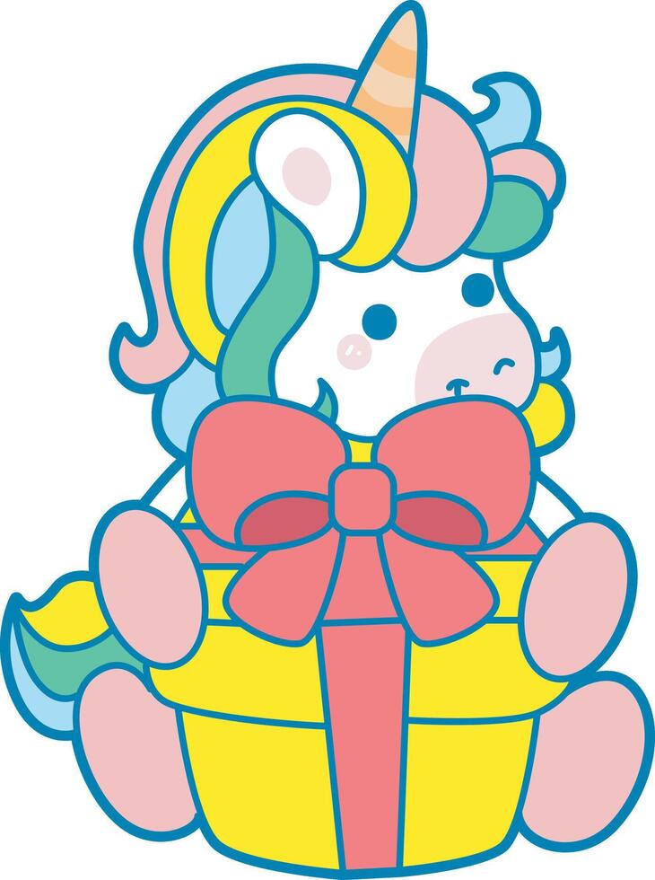 Illustration of cute unicorn activities icon. Funny rainbow unicorn daily routine stickers. Unicorn bring a gift box vector