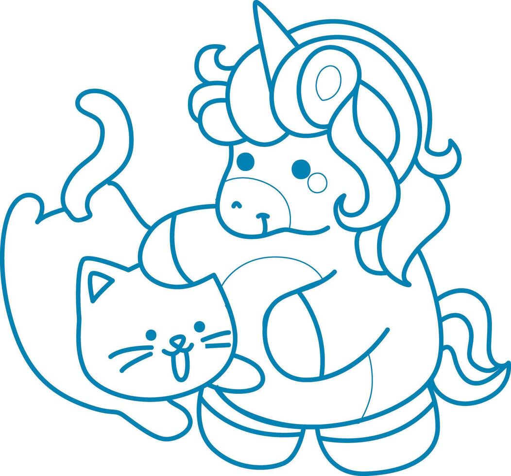 Printable outline Unicorn templates for coloring children's book. Unicorn with kitty vector