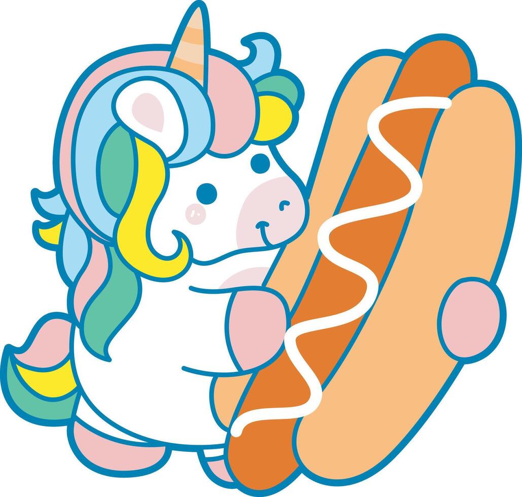 Illustration of cute unicorn activities icon. Funny rainbow unicorn daily routine stickers. Unicorn bring a big hot dog vector