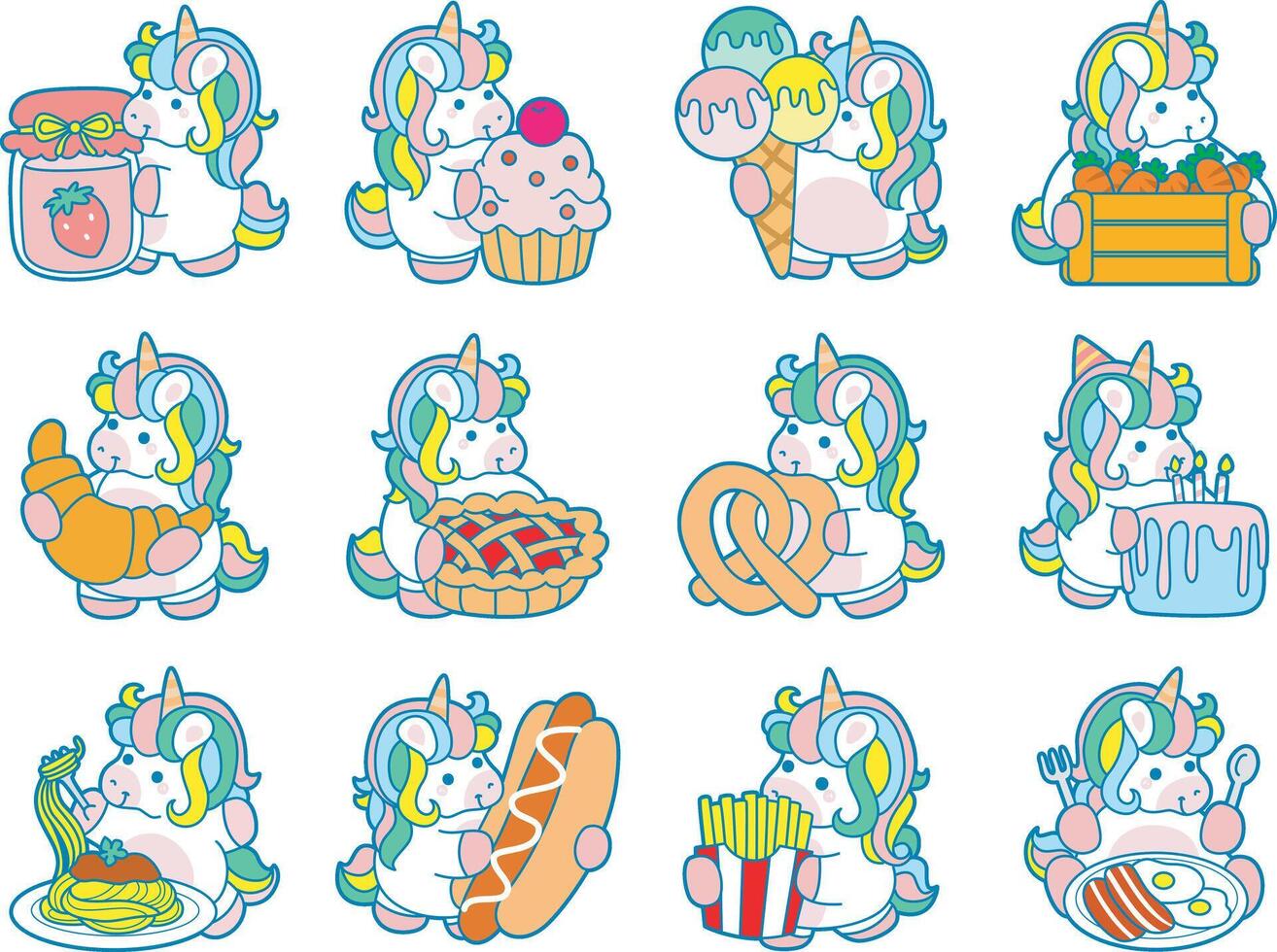 Illustration of cute unicorn activities icon. Funny rainbow unicorn daily routine stickers. Unicorn with variation of culinary vector