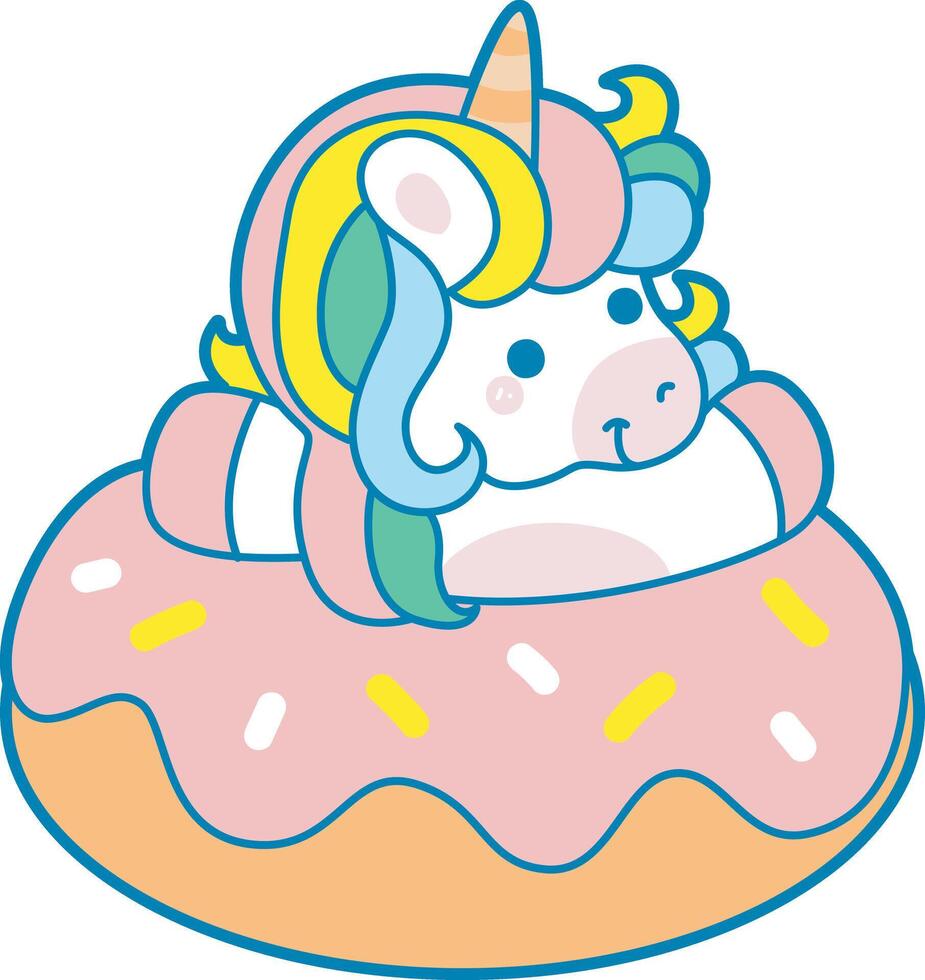 Illustration of cute unicorn activities icon. Funny rainbow unicorn daily routine stickers. Unicorn in the middle of strawberry doughnet vector