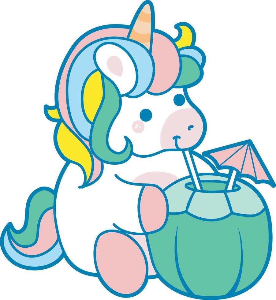 Illustration of cute unicorn activities icon. Funny rainbow unicorn daily routine stickers. Unicorn drinking a coconut vector