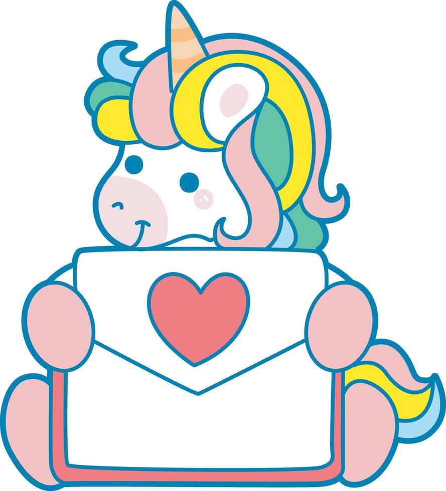 Illustration of cute unicorn activities icon. Funny rainbow unicorn daily routine stickers. Unicorn bring a big love envelope vector