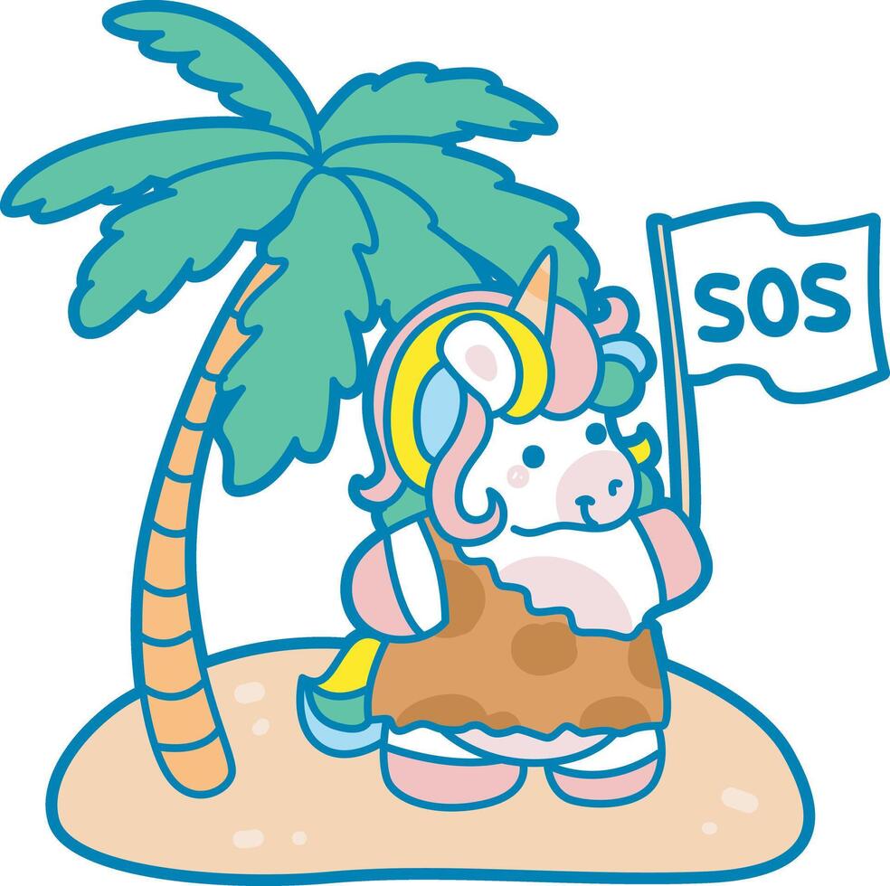 Illustration of cute unicorn activities icon. Funny rainbow unicorn daily routine stickers. Unicorn lost in the empty island vector