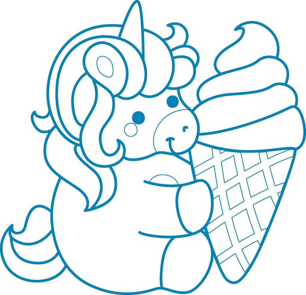 Printable outline Unicorn templates for coloring children's book. Unicorn with ice cream and cone vector