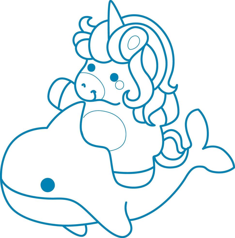 Printable outline Unicorn templates for coloring children's book. Unicorn riding a baby shark vector