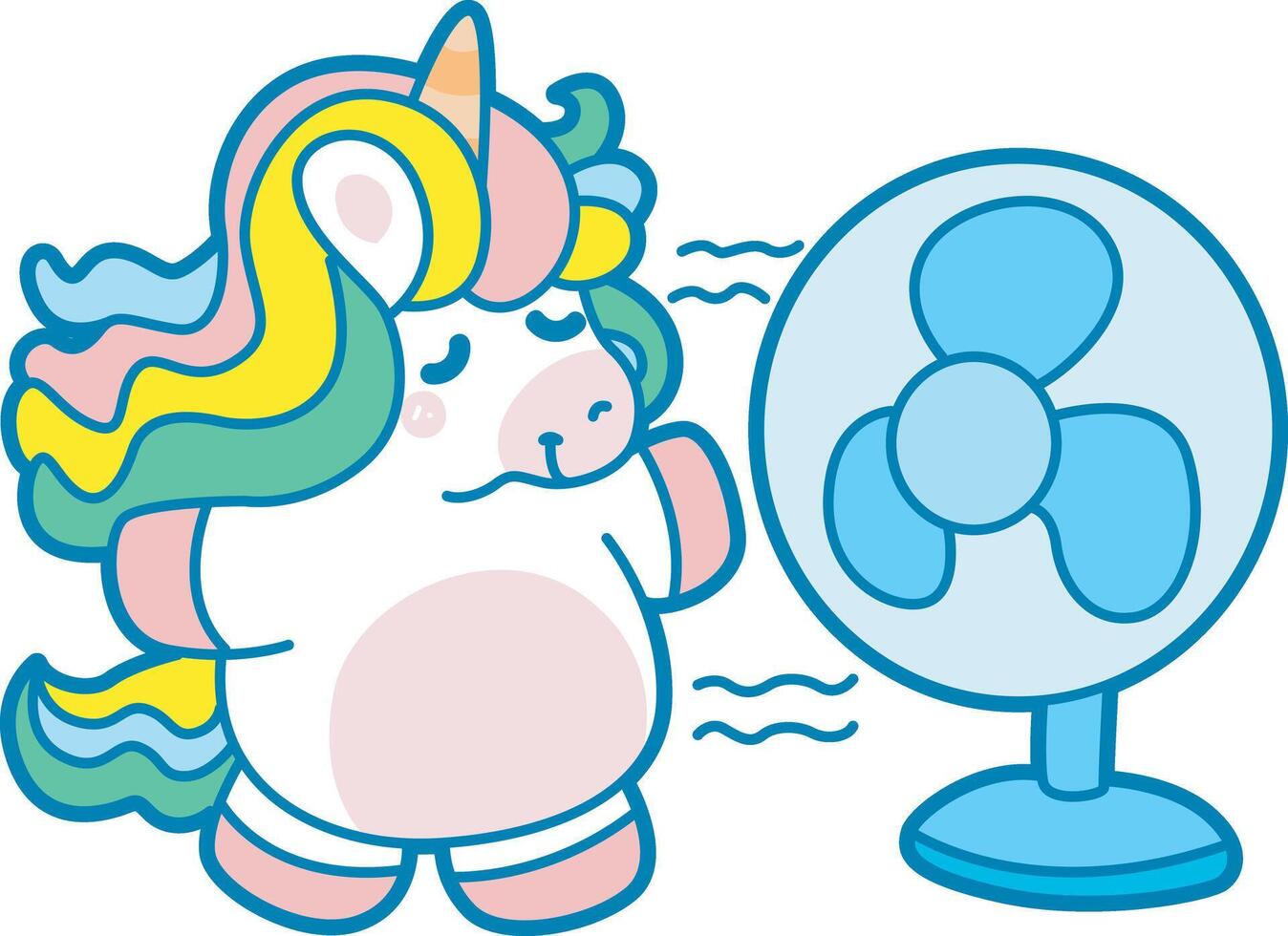 Illustration of cute unicorn activities icon. Funny rainbow unicorn daily routine stickers. Unicorn with fan in the summer vector