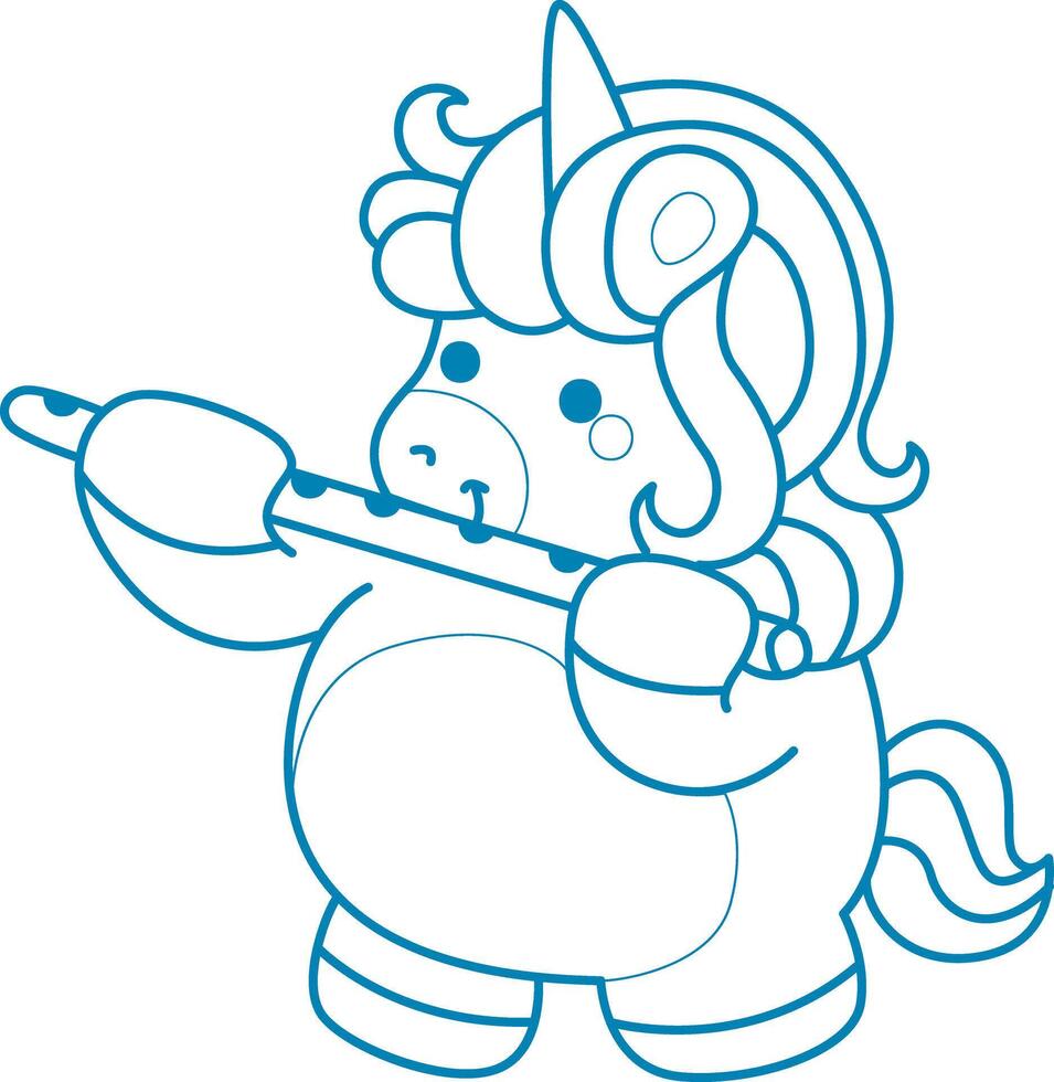 Printable outline Unicorn templates for coloring children's book. Unicorn playing a flute vector