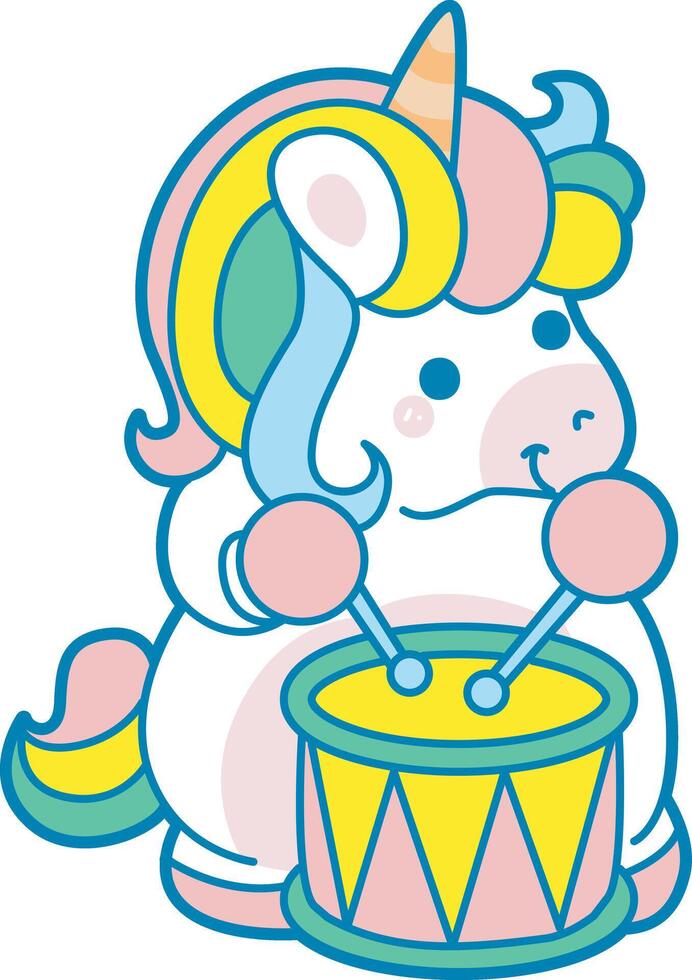 Illustration of cute unicorn activities icon. Funny rainbow unicorn daily routine stickers. Unicorn playing a drum in the festival vector