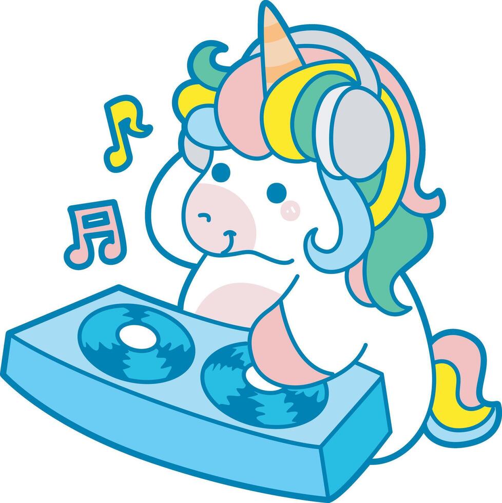 Illustration of cute unicorn activities icon. Funny rainbow unicorn daily routine stickers. Unicorn is the DJ in the clubbing party vector