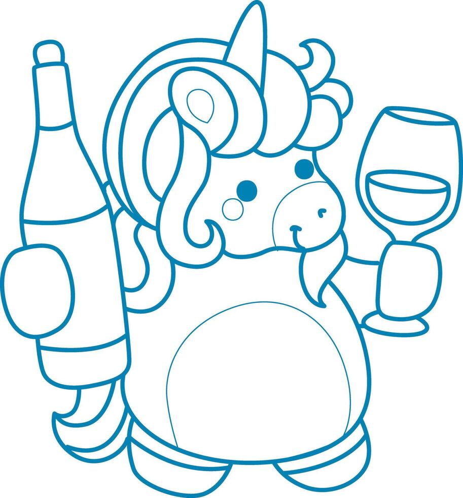 Printable outline Unicorn templates for coloring children's book. Unicorn bring a bottle and cup of beer vector