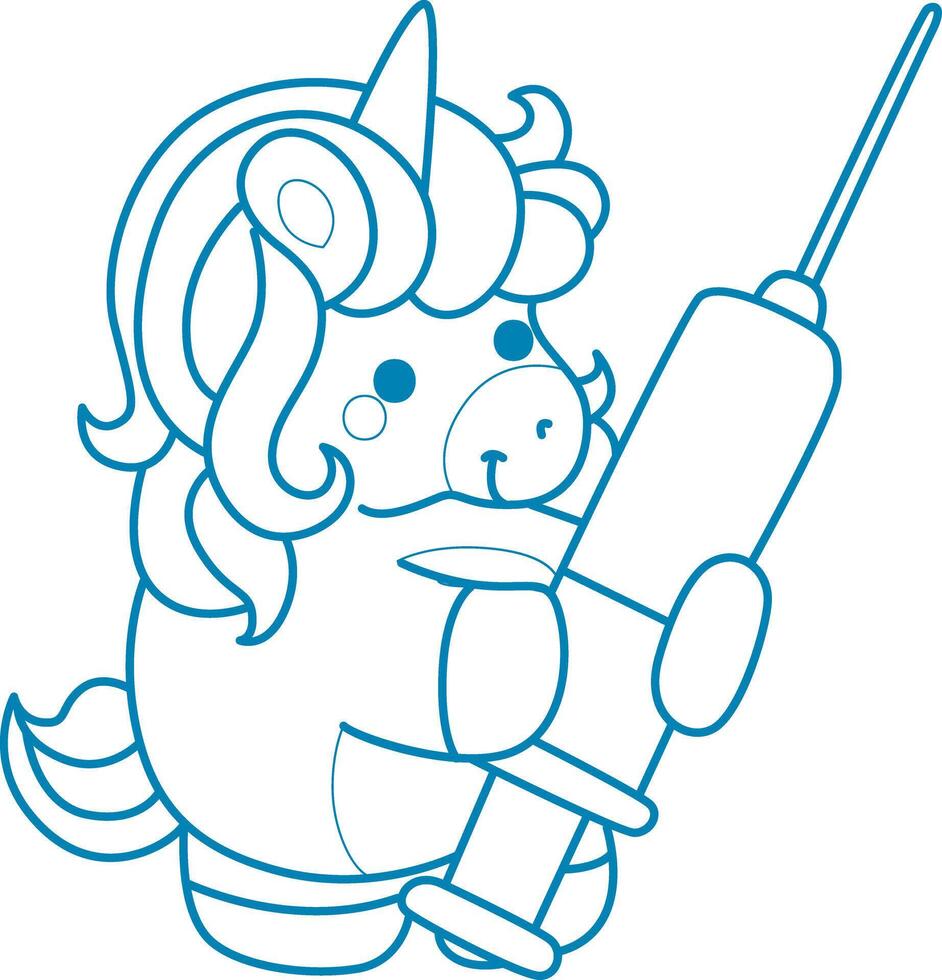 Printable outline Unicorn templates for coloring children's book. Unicorn with syringe vector