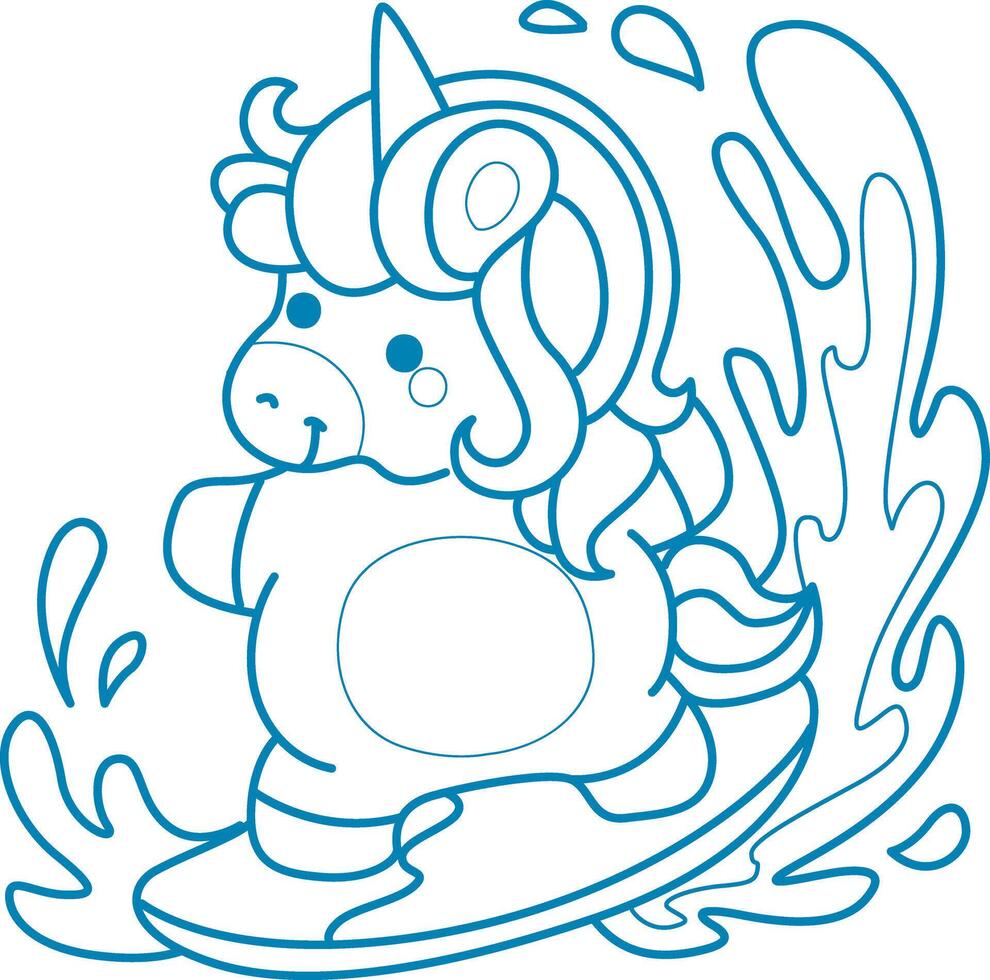 Printable outline Unicorn templates for coloring children's book. Unicorn surfing in the wave vector