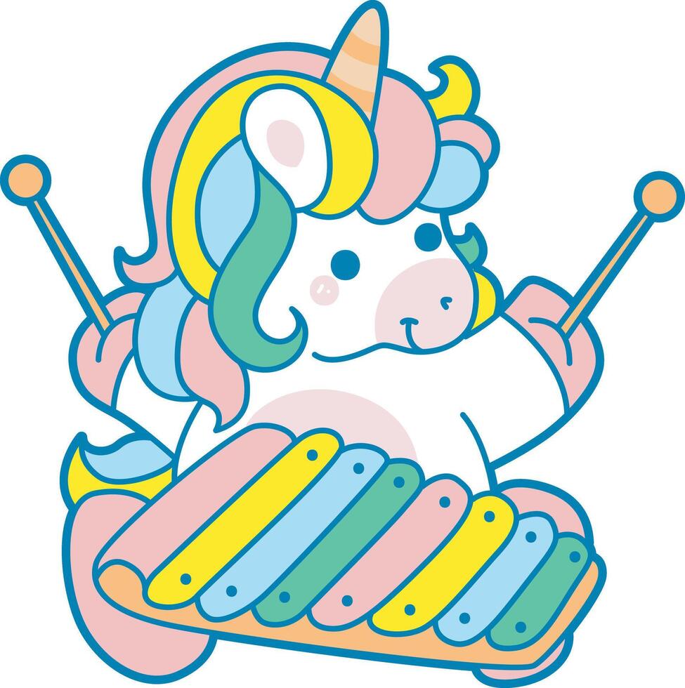 Illustration of cute unicorn activities icon. Funny rainbow unicorn daily routine stickers. Unicorn playing a traditional instrument vector