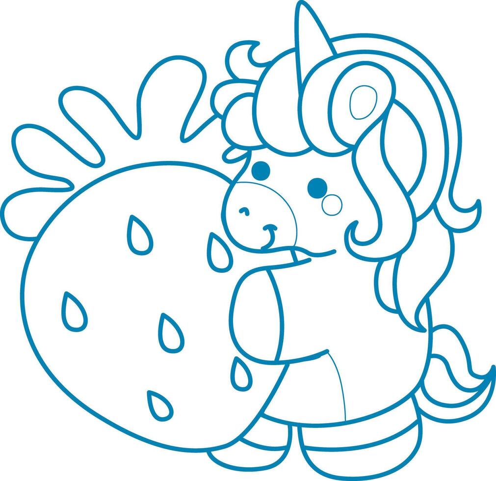 Printable outline Unicorn templates for coloring children's book. Unicorn bring a big strawberry vector